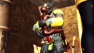 Anubis ravishes voluptuous ebony beauty in ancient Egyptian temple