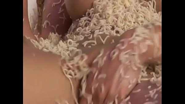 Asian cocksucker gets her tight pussy stuffed with noodles and dick