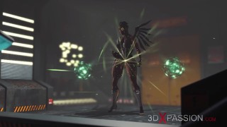 Cyber Angel Dickgirl Sensually Plays with Ebony Beauty in Sci-Fi Lab