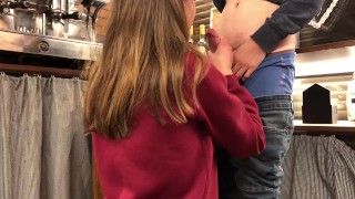 Hot BaristaGives Sneaky Blowjob to Teen Customer at Coffee Shop