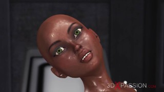Sexy sci-fi alien passionately plays with ebony girl in space station