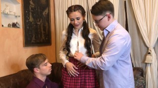 Skinny threesome as two boys pleasure their slim classmate