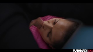 TinyShy Brunette Gets Absolutely Filled Up by a Massive Shemale!