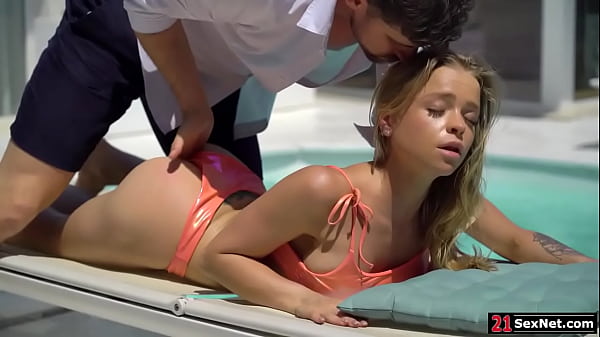 Blonde teen enjoys passionate anal by the pool after intimate foreplay
