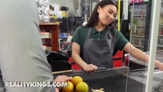 Reality Kings: JMac Fucks Petite Kimmy Kimm Behind The Supermarket Counter While She Works!